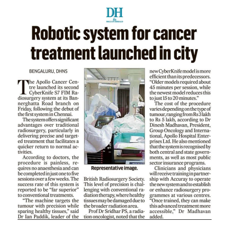Apollo Cancer Centre Bengaluru launches South Asia’s first Cyberknife*S7™ FIM Robotic Radio Surgery System with an Academia news img - 1