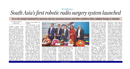Apollo Cancer Centre Bengaluru launches South Asia’s first Cyberknife*S7™ FIM Robotic Radio Surgery System with an Academia news img - 3